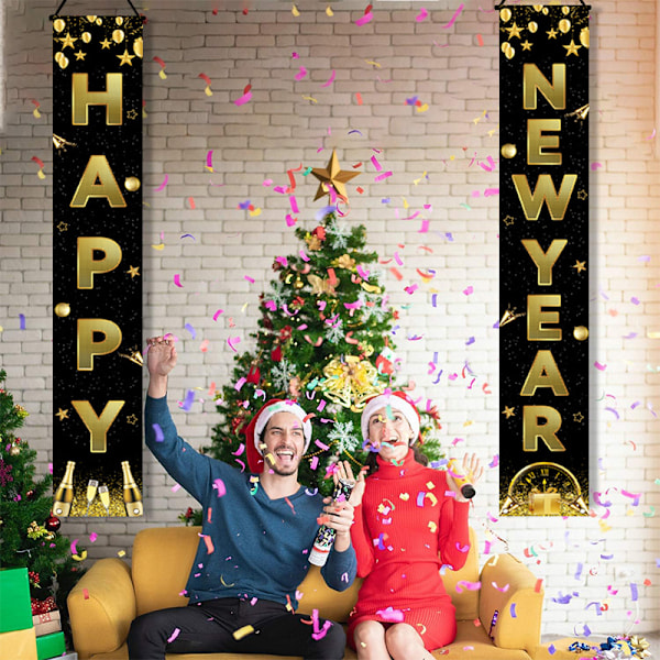 Gott Nytt År Banner Svart och Guldprickar Utomhus Inomhus Banner Väggdekorationer Vindtätt Hem Evenemang Bakgrundsförsörjning