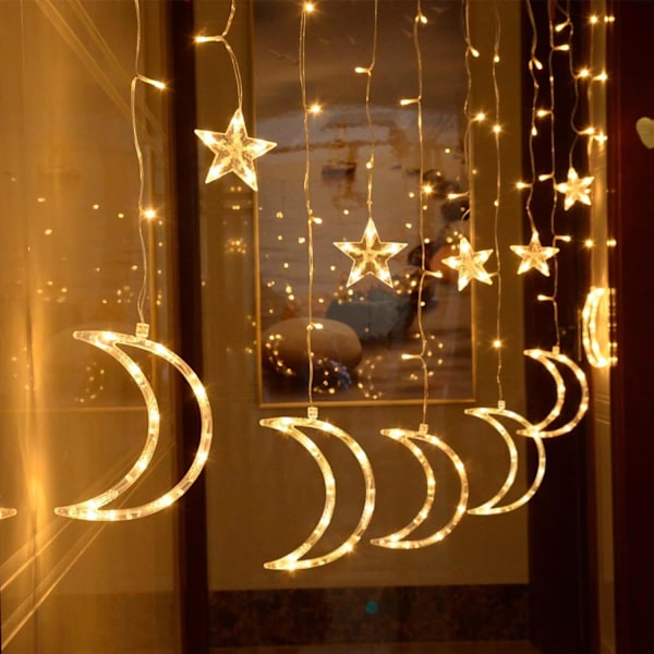 LED Tähti Kuu Verho Valot Ramadan-koristeluun, USB-käyttöiset Eid Mubarak -keijuvalot sisätiloihin, häihin, juhliin, makuuhuoneeseen, terassille, nurmikolle Ramadan Home Decoration (8 lägen)
