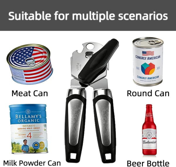 Heavy Duty Manual Can Opener with Built-in Bottle Opener - Ergonomic Extended Handles, Sharp Blade for Smooth Edges, Multifunctional Black