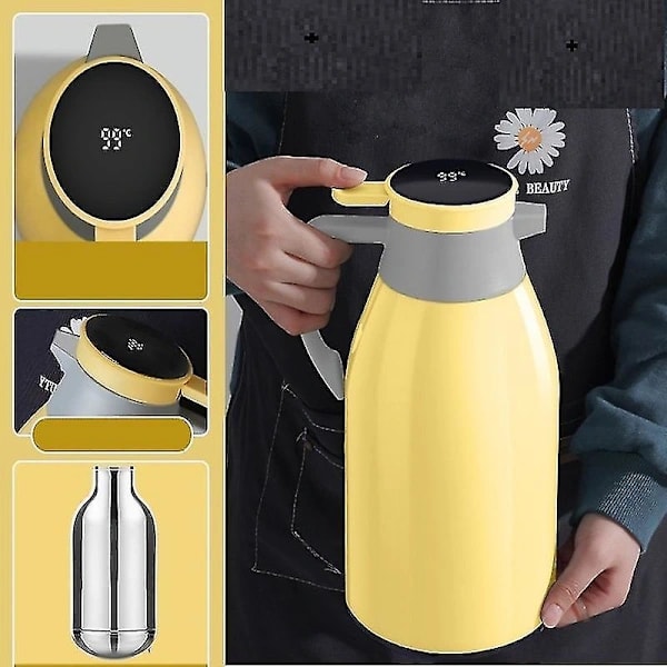 Isolerad vattenkokare med glasfoder, extra lång isolering, termos, hemkaffe gul 1900ml