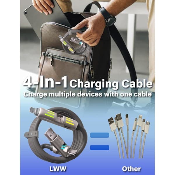240W 4-i-1 USB-C-kabel – Multilader med åndedrætslys, PD 5A hurtigopladning & datasynkronisering, silikone – Grå 1,5m Grå Grey