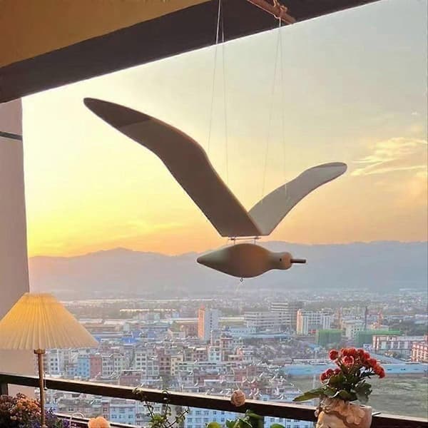 Flying Seagulls Hanging Mobile Wing Wood Flying Seagull Decor Ceiling Pendant Unique Home Nautical Bianco