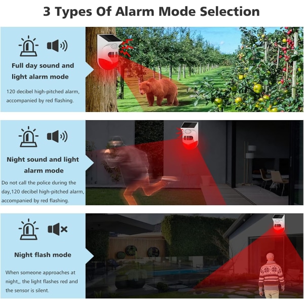 Solcelledrevet lyd- og stroboskopalarm med bevegelsesdetektor og fjernkontroll, lydsikkerhet Sirene Lys Vanntett for Home Farm Barn Villa