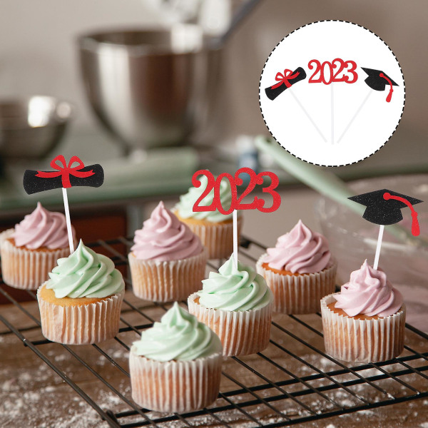 24 st Graduation Cupcake Toppers Kakdekorationsstavar för Graduation Party Röd 12X6.6CM Red 12X6.6CM