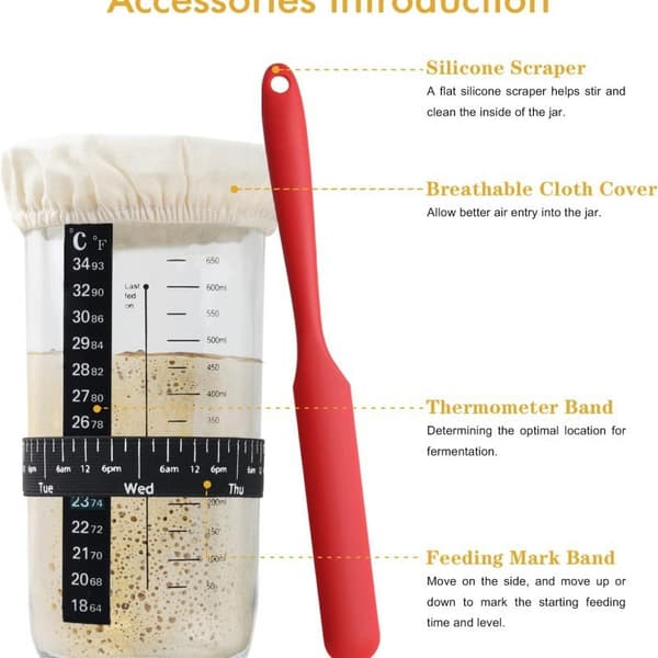 Sourdough Glass Fermentation Jar - 730ml Bread Fermentation Container with Thermometer Strip - Baking Starter Kit
