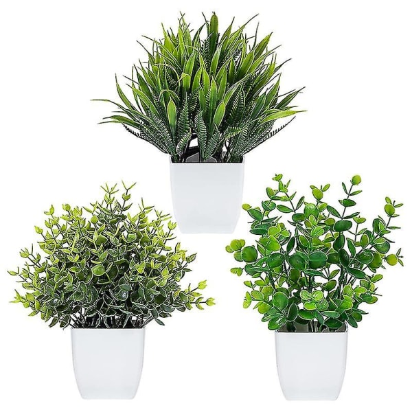 3-pak falske planter i krukker Kunstig eukalyptusplante Mini-potte kunstige planter indendørs, små plastik