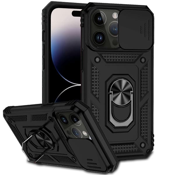 Skall med skyvbart kameralinsbeskyttelse og holder for iPhone 14 Pro Max