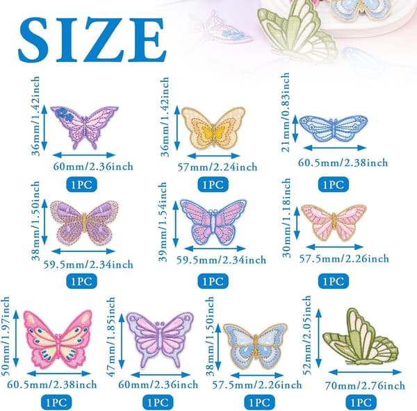 10 stk. sommerfugleapplikationer, søde computerbroderede stofselvklæbende reparationslapper til hatte, tasker, jakker 21~70 mm til syning af jeansdekoration