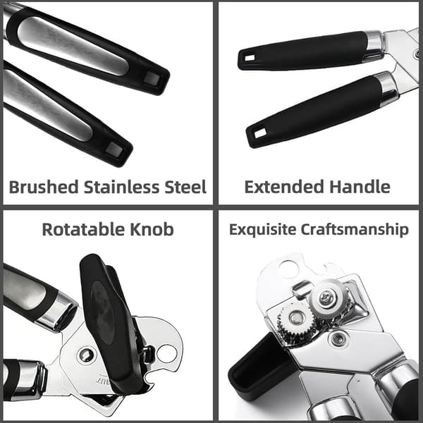 Heavy Duty Manual Can Opener with Built-in Bottle Opener - Ergonomic Extended Handles, Sharp Blade for Smooth Edges, Multifunctional Black