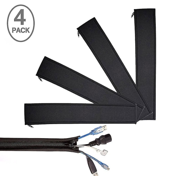 Dragkedja Kabelhylsa av Wrap-It Storage - (4-pack) Svart - Sladdarrangör och Kabelskydd för Skrivbord, Dator