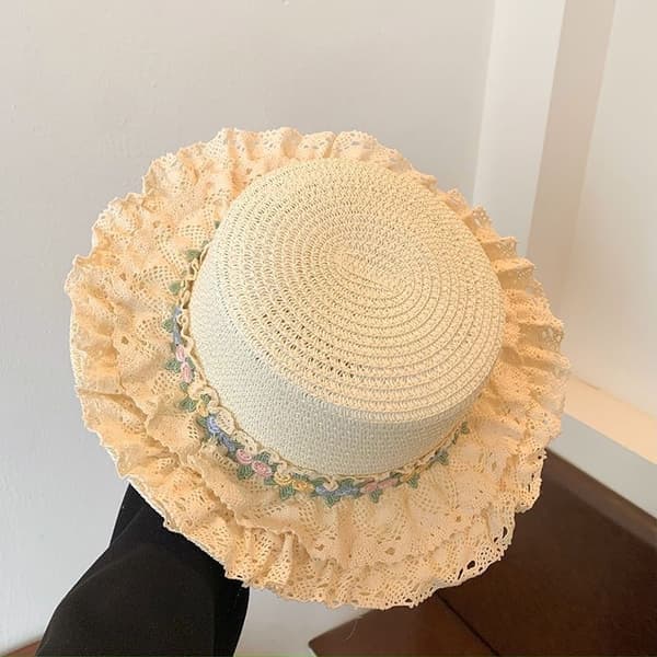 Dame Elegant Blondekant Bredbremmet Stråstrandhatt Pustende Lett UV-beskyttelse Sommer