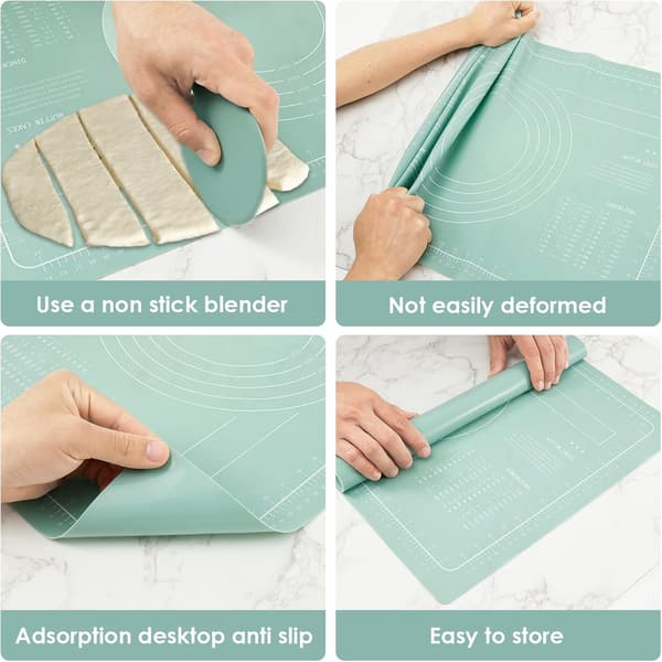 Silikon bakeunderlagsett med kjevle og deigskrape Varmebestandig silikon bakeplate Non-stick rektangulær kakematte for pizzadeig (grønn)