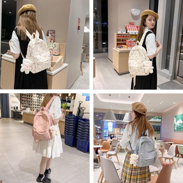 Kawaii Backpack, College Backpack Camping Bag, Flowers, for Primary School, Middle School and University white white white