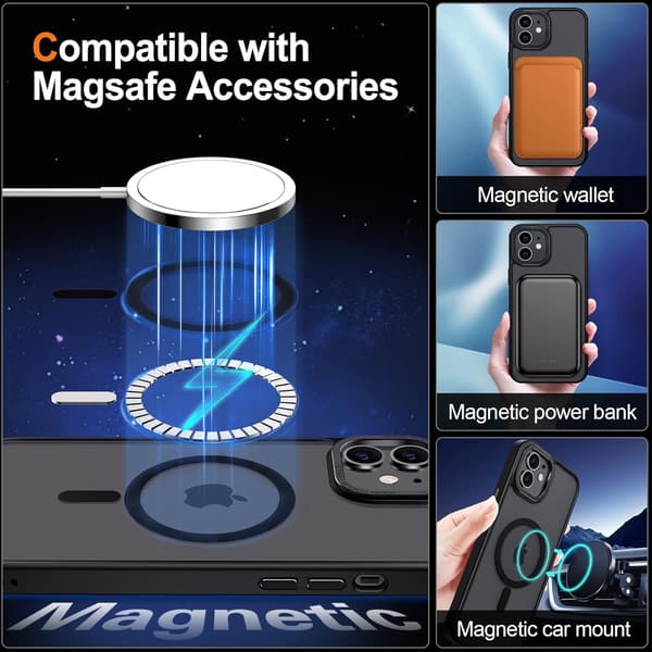 Magnetic Case for iPhone 11, Matte Transparent, MagSafe Compatible, Shockproof - Black