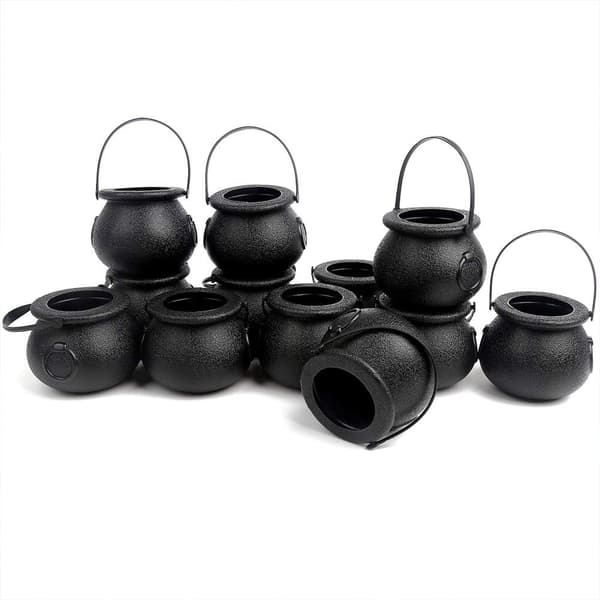 wxsp Black Cauldron with Handle, Mini Plastic Candy Bucket for St. Patrick's Day, Halloween Party, 12-pack Mini Size