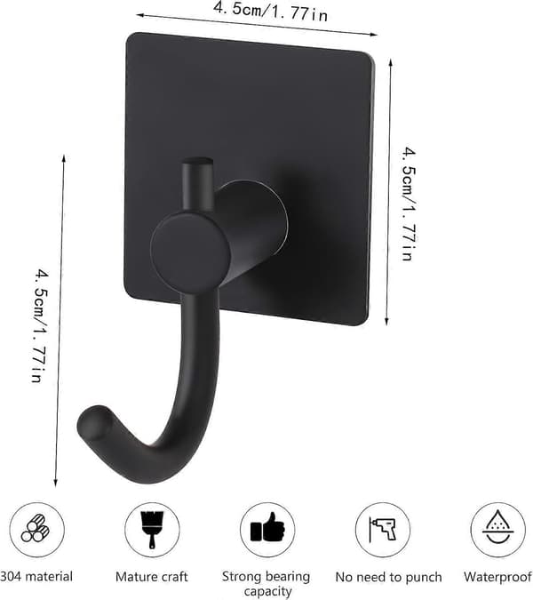 6-pack Self-Adhesive Hooks, Heavy Duty Stainless Steel Hooks, Bathroom Towel Hooks, Clothes Hooks, Wall Mounted Coat Hook