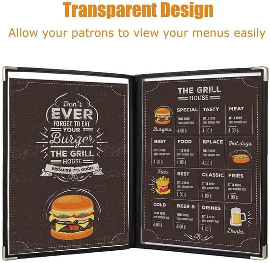 4 Pieces - Restaurant Menu Holder - 23 x 32 cm - Menu Holder - 4 Pages 8 Views - For Restaurants, Bars, Cafes - Transparent