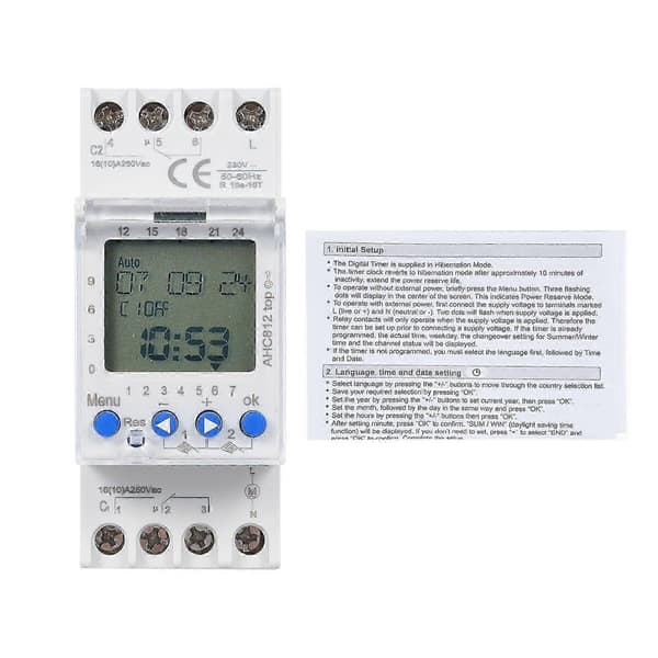 2-kanals digital tidsbryter AHC812 16A 230V ukentlig programmerbar DIN-skinne montering tidskontroll