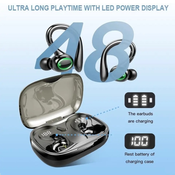 Trådlösa hörsnäckor Bluetooth hörlurar 48H Play Back Hörlurar i örat Vattentäta med mikrofon LED-skärm för sportlöparträning Svart