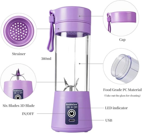 Bærbar Blenderkop - USB Elektrisk, 380ml Kapacitet, 6 Blade til Smoothies & Juicer (Lys lilla)