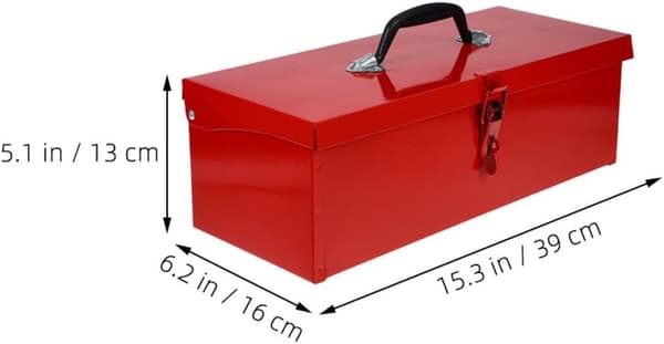 Portable Metal Toolbox with Buckle and Handle, Large Red Iron Toolbox