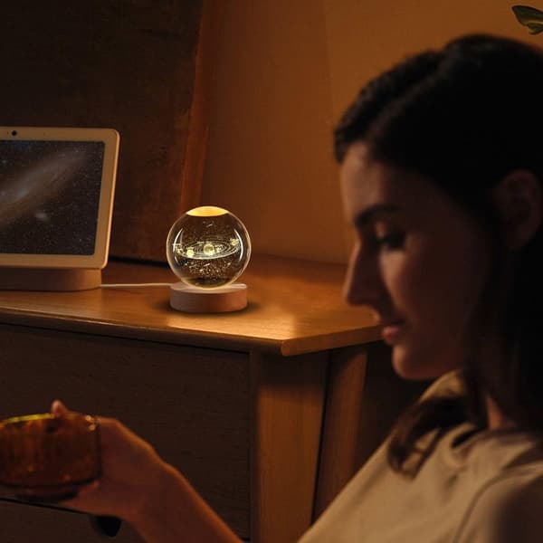 3D Crystal Ball Night Light Solar System - Holographic LED Glass Lamp, USB Powered, Adjustable Brightness, 6 cm