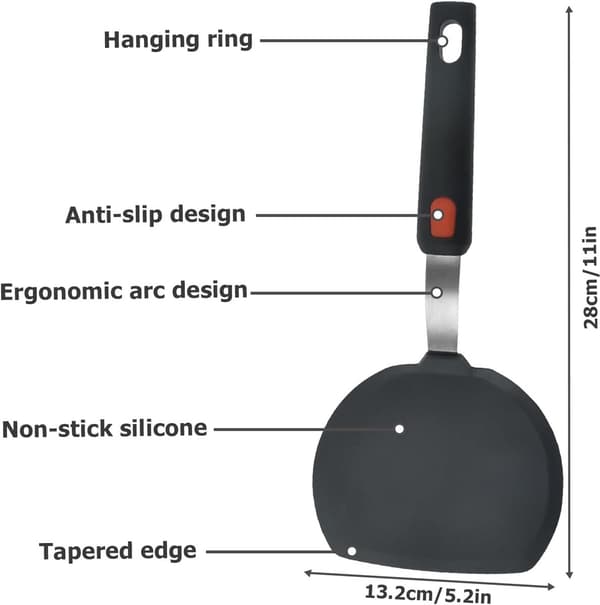 Rund Silikonepandekagespatel - Ekstra Stor Non-Stick Varmebestandig Stegespatel til Alle Pander Sort