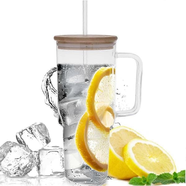 1.2 Liter Glass Cup with Handle and Straw Lid, Reusable Coffee Cup
