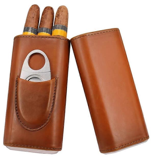 3-Finger Cigar Case in Brown Leather, Cedar-Lined Cigar Humidor