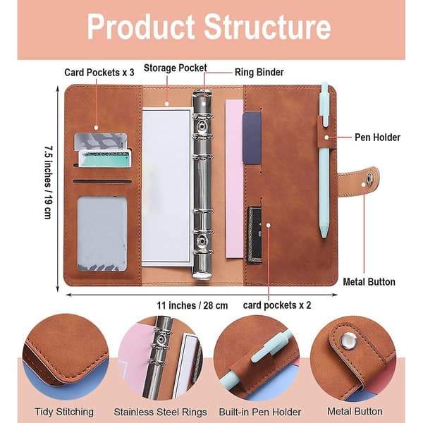 A6 6-rings budgetbindomslag Organizer A6 Binder Udgiftsbudgetark til pengebesparende kontantkuvertsystem Brun