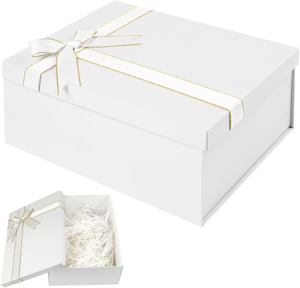 Födelsedagspresentlåda, 29x21x10 cm Tom Presentlåda med Lock, Magnetisk Stängning och Band, Vit