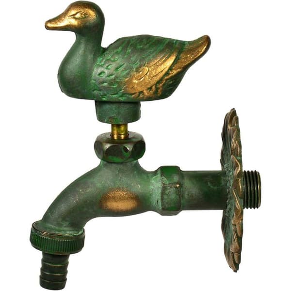 Antique Style Garden Tap - 1 Unit - Patinated Brass - Duck-shaped Handle and Wall Socket - P