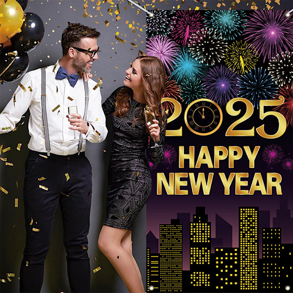 Happy New Year Party Banner Dekoration, Happy New Year Dörröverdrag, Stor Tyg Bakgrundsbanner för Nyårsafton Fest Dekoration