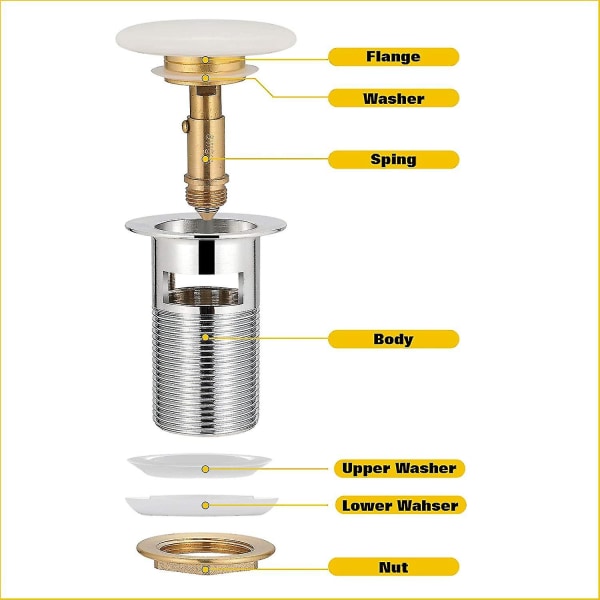Universal Aftapningsæt Med Overløb Til Vask & Vask - Keramisk Pop Up Ventil I Messing Aftapningsventil Vask Propper Aftapningsæt