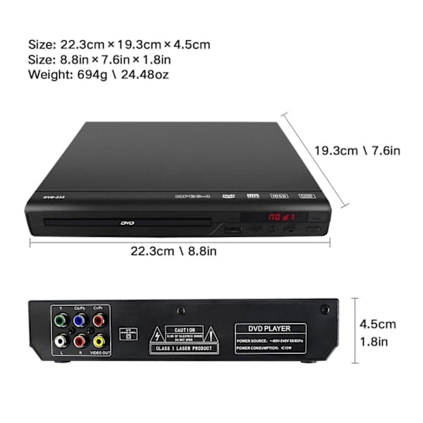 DVD-soitin televisioon, aluevapaa DVD-CD-soitin AV-ulostulolla, sisäänrakennettu / NTSC, USB-tulo, kaukosäädin