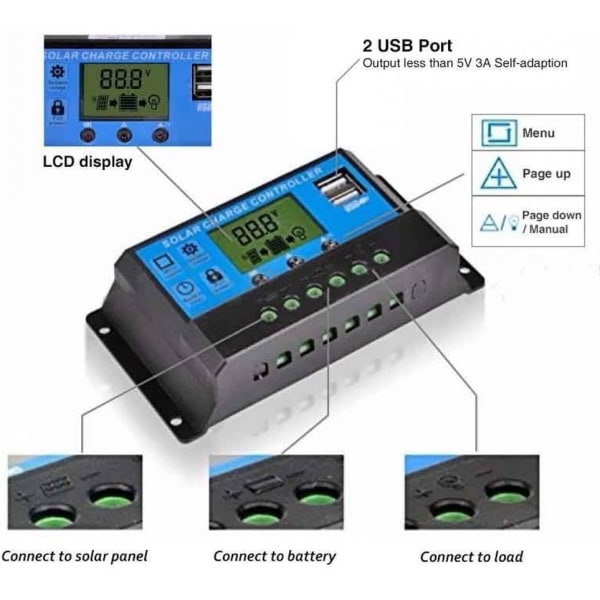 12V/24V Intelligent Solpanel-Laderegler med LCD-Skærm og USB-Port, Overstrømsbeskyttelse, til Batterilampe