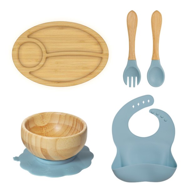 Træ baby tallerkener, skåle og skeer sæt - Babybestik - Træ børneskål - BPA fri skål - Bambus børneredskaber (blå ，8 stykker，hund)
