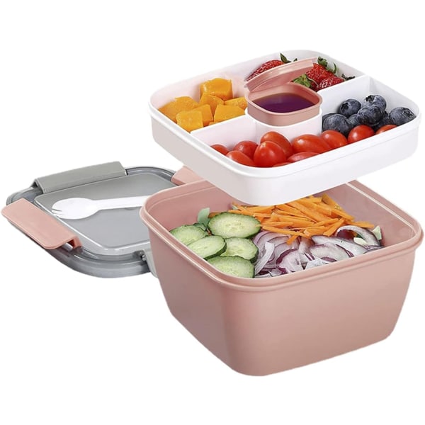 1500ml Bentolåda för Sallad Lunchbehållare 3 Fack Bento-Stil Fack och Såsbehållare för Dressingar, Inbyggd Återanvändbar (Rosa)