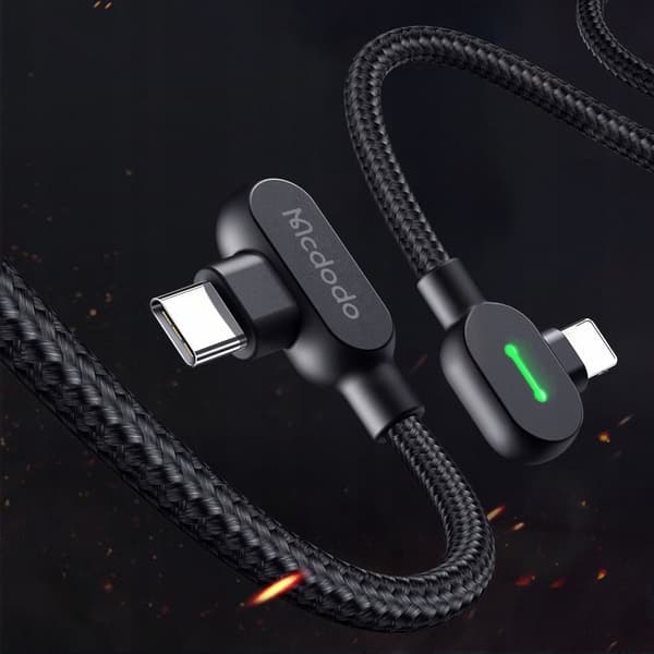 MCDODO 90° bøyningsvinkel datakabel, USB-C vendbart Lightning-grensesnitt, iPhone 13/14 LED, 1 meter