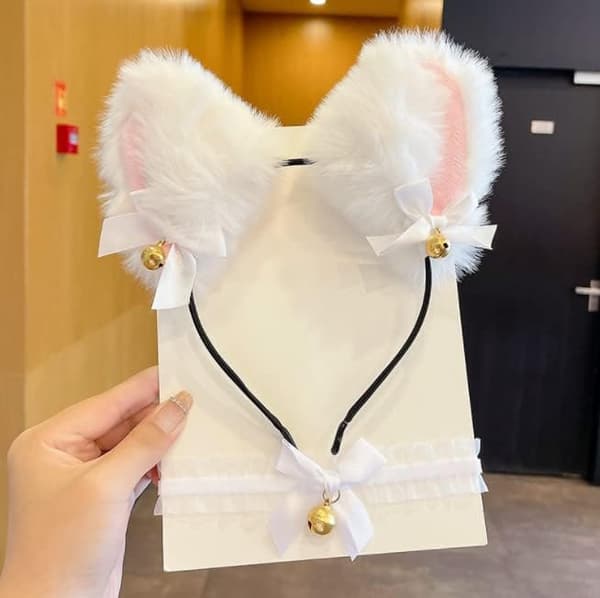 Cat ear tiara, cat ear headband bell necklace, (white)