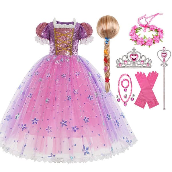Flickor Rapunzel Prinsessklänning med Tillbehör Prinsessdräkt