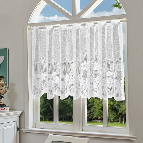 Modern Kitchen Curtains, Short White Curtains with a Delicate Floral Jacquard Pattern, Tulle Curtains