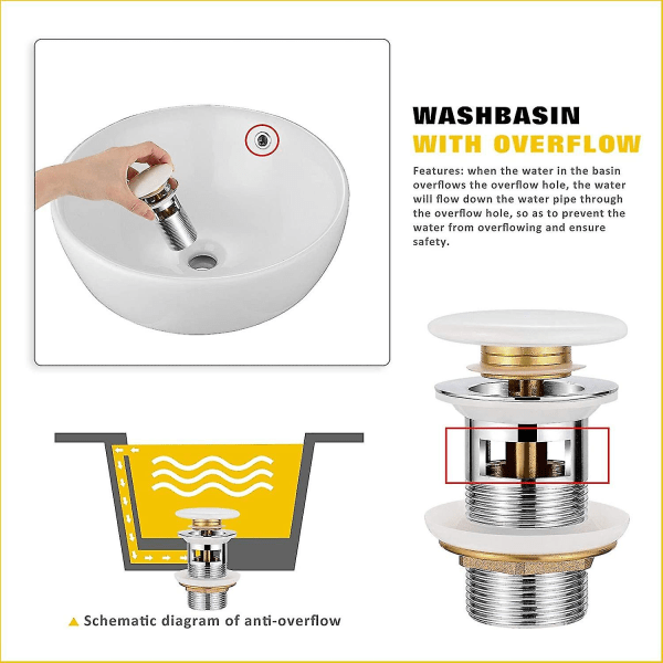 Universalt affaldssæt med overløb til håndvask og håndvask - Keramisk pop-up ventil lavet af messing affaldsventil Håndvaskprop affaldssæt