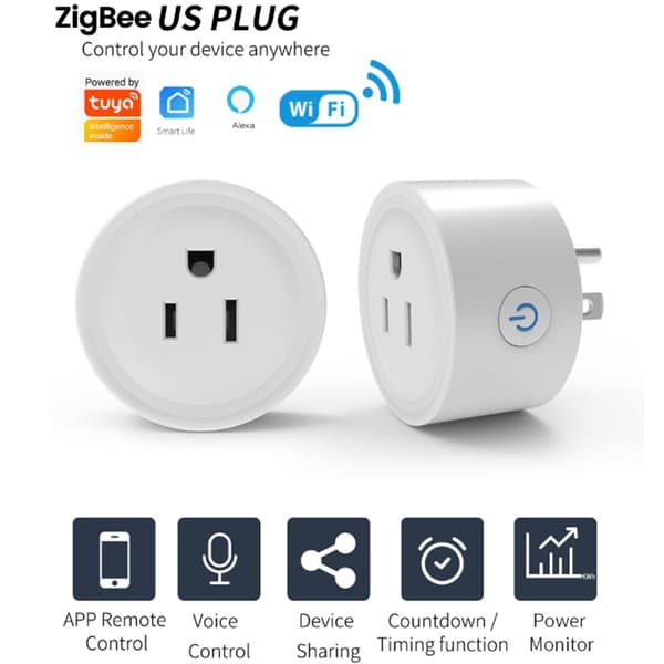TUYA 20A Smart Stik Zigbee Stikkontakt med Strømovervågning Timerfunktion Stemmestyring Fungerer US-stik