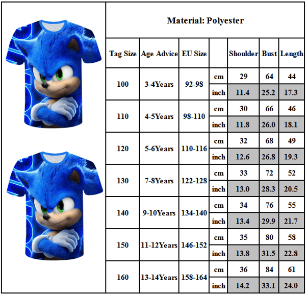 Sonic The Hedgehog Barneklær for Gutter 3D T-skjorte Uformelle Topper Spillgave Blå Blue