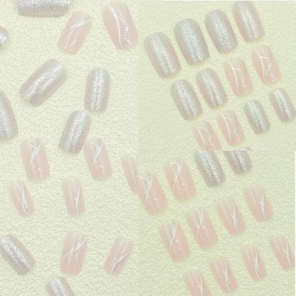 French False Nails - 24 Pcs Almond Square Press-on with Glue - Silver Pink White Lines