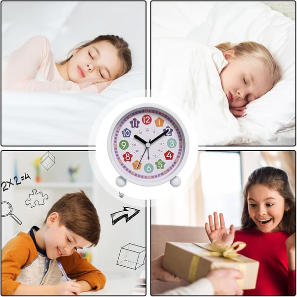 Cartoon Theme Children's Early Learning Alarm Clock, Silent Luminous Table Clock with Analog Hands, Quartz, White White White