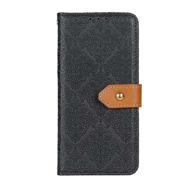 European Floral Pattern PU Leather iPhone 14 Pro Case with Embossed Copper Buckle and Horizontal Flip