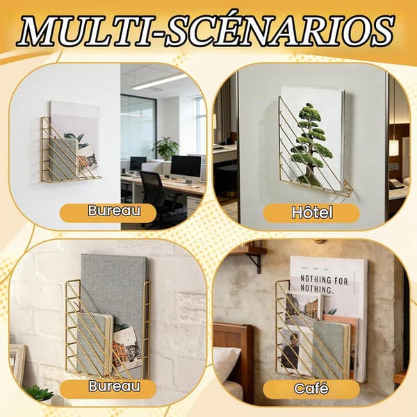 Wall Mounted Magazine Rack, Space Saving Triangular Metal Wall Mounted Magazine Holder, Screw Mounted Wall Mounted Desk Organizer (Gold)