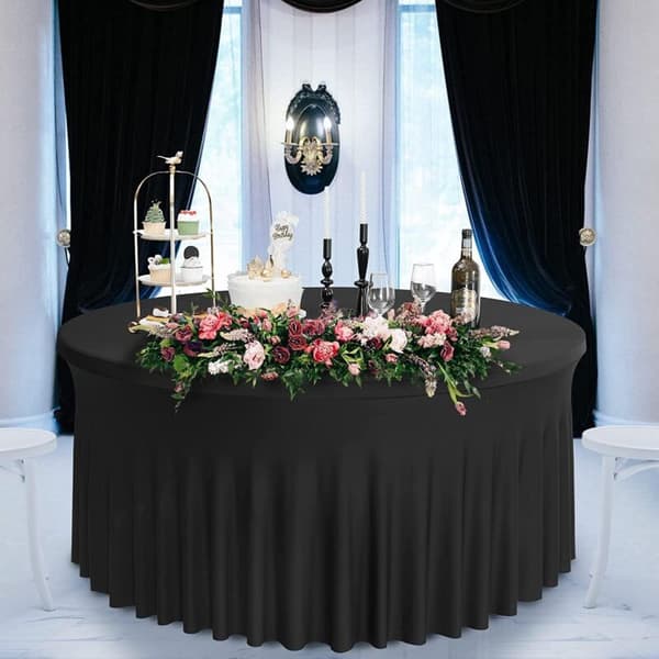 Strækbar Spandex Dug til 150 cm Rundt Bord, Sort, Passer til Bryllup, Banket & Fest, Holdbar & Elastisk